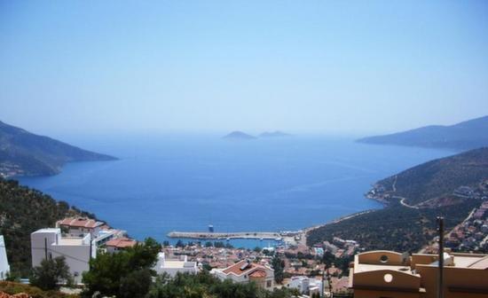 Stunning view of Kalkan bay from elevated hilltop position with Kalkan town below